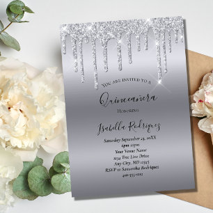 Silver Dripping Glitter Glam Quinceanera Birthday Invitation