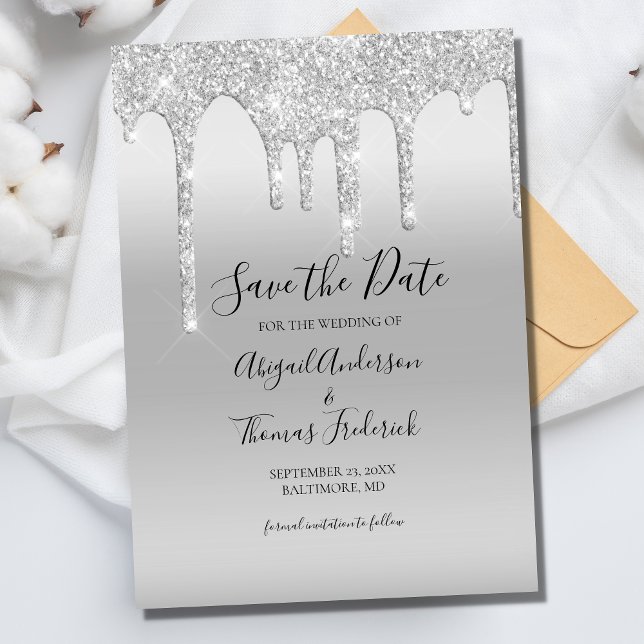 Silver Dripping Glitter Glam Trendy Elegant  Save The Date (Creator Uploaded)