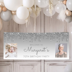 Silver Dripping Glitter Two Photo 70th Birthday Banner