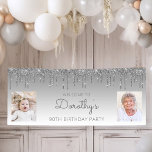 Silver Dripping Glitter Two Photo 90th Birthday Banner<br><div class="desc">Welcome guests with this chic, glamourous 90th birthday party photo banner, featuring a sparkly silver faux glitter drip border and silver ombre background. Easily replace the two sample images with photos of the guest of honour. Personalise it with her name in grey handwriting script, with the birthday below in sans...</div>
