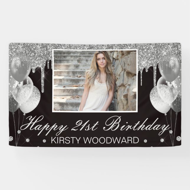 Silver Dripping Glitter with Balloons Birthday Banner (Horizontal)