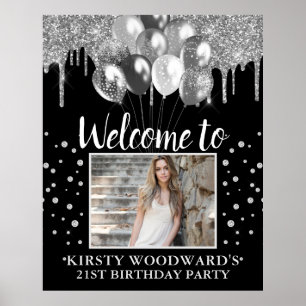 Silver Dripping Glitter with Balloons Birthday Poster