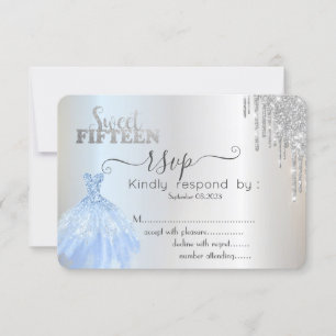 Silver Drips Blue Dress Sweet 15 RSVP  Invitation