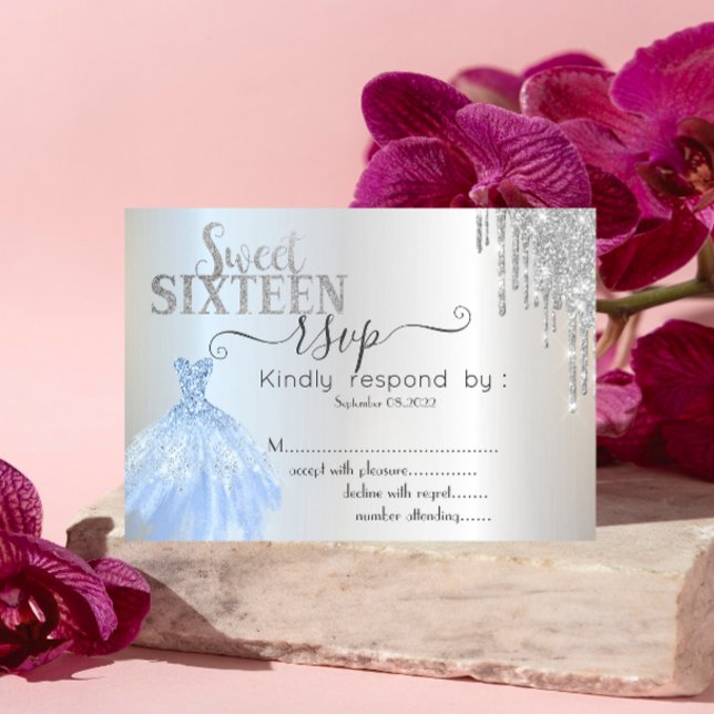 Silver Drips Blue Dress Sweet 16 RSVP  Invitation (Creator Uploaded)