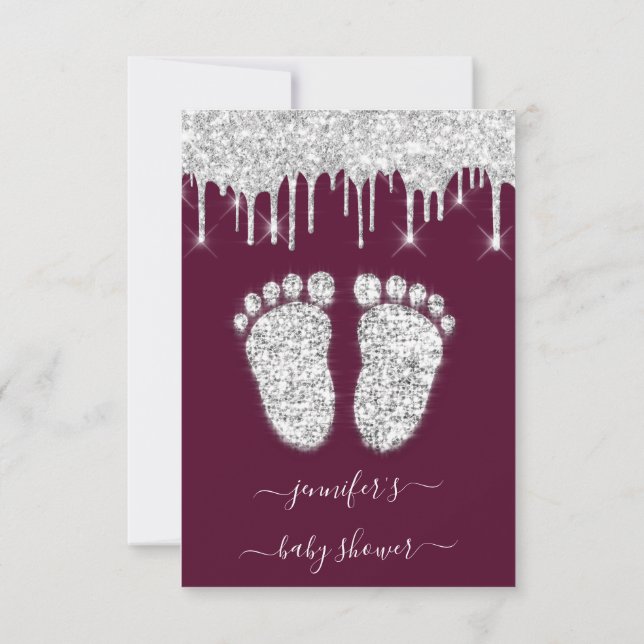 Silver Drips Burgundy Baby Boy Shower Feet Invitation (Back)
