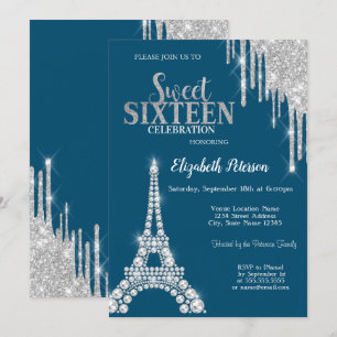 Silver Drips,Diamonds Eiffel Tower  Sweet 16  Invitation