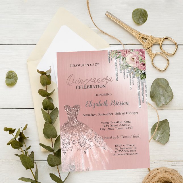 Silver Drips,Dress Flowers Pink Quinceanera  Invitation (Creator Uploaded)