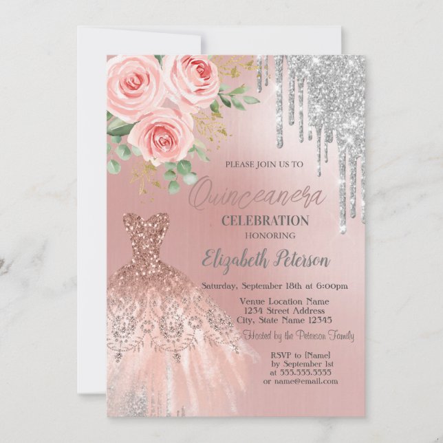 Silver Drips,Dress,Pink Roses Quinceanera   Invitation (Front)
