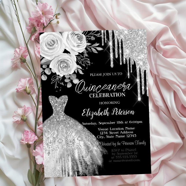 Silver Drips,Dress Roses Black Quinceanera   Invitation (Creator Uploaded)