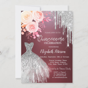 Silver Drips,Dress Roses Burgundy Quinceanera Invitation