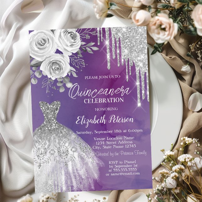 Silver Drips,Dress Roses Purple Quinceanera   Invitation (Creator Uploaded)