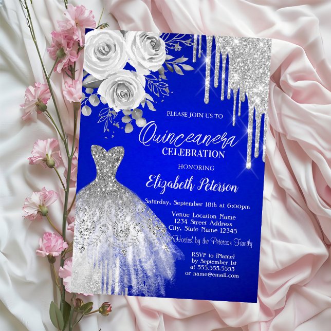 Silver Drips,Dress Roses Royal Blue Quinceanera   Invitation (Creator Uploaded)