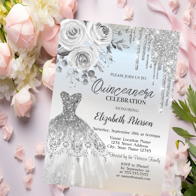 Silver Drips,Dress Roses Silver Quinceanera   Invitation (Creator Uploaded)
