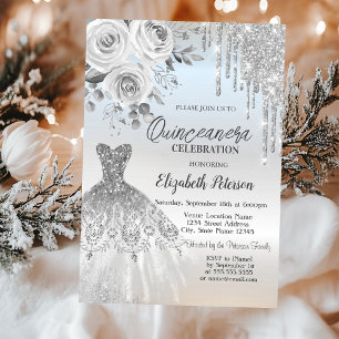 Silver Drips,Dress Roses Silver Quinceanera Invitation