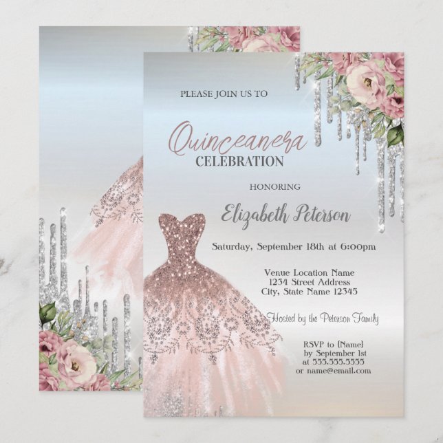 Silver Drips,Dress Roses Silver Quinceanera  Invitation (Front/Back)