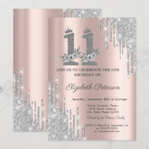 Silver Drips Flowers Rose Gold 11th Birthday Invitation