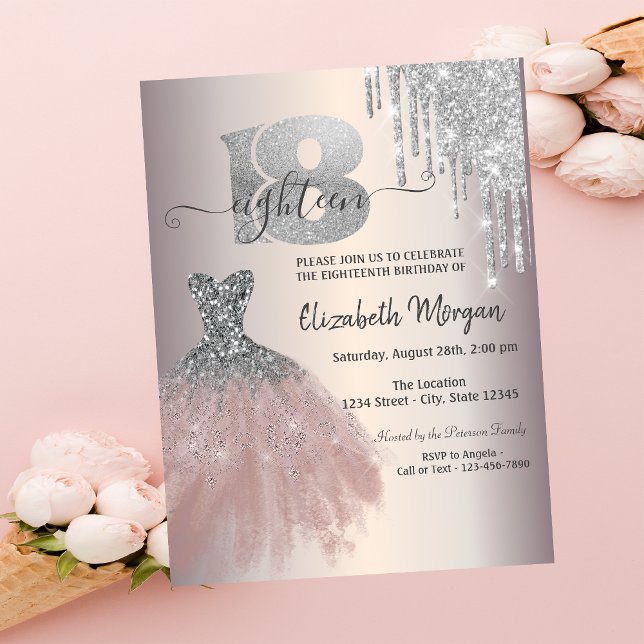 Silver Drips Glitter Chic Dress 18th Birthday Invitation (Creator Uploaded)