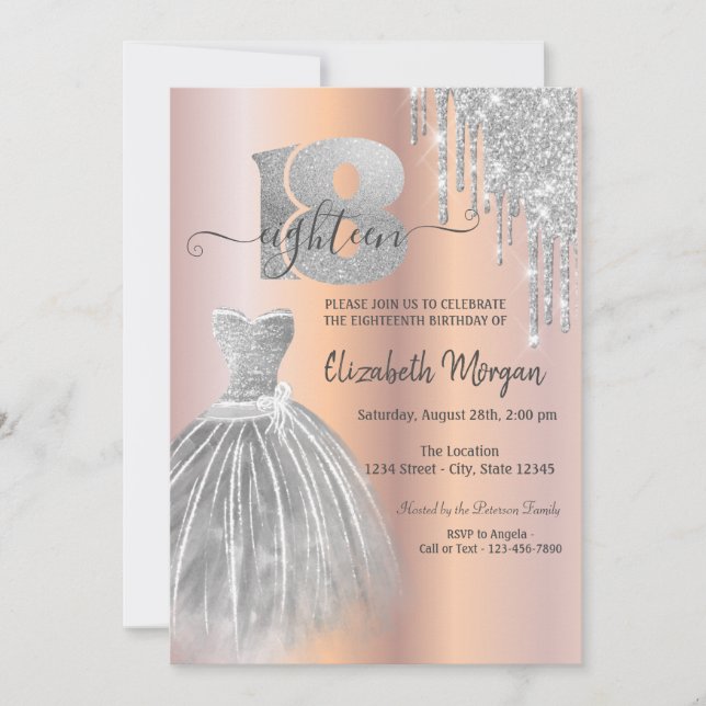 Silver Drips Glitter Dress Rose Gold 18th Birthday Invitation (Front)