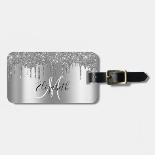 SIlver Drips Glitter Metal Monogram Luggage Tag