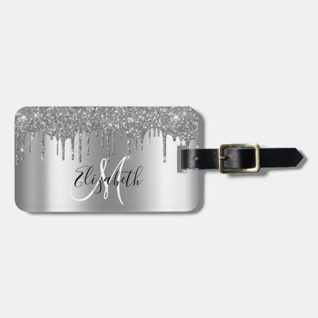 SIlver Drips Glitter Metal Monogram Luggage Tag (Front Horizontal)