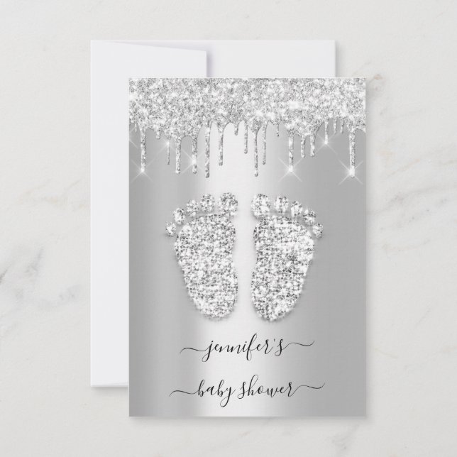 Silver Drips Grey Grey Baby Girl Shower Feet Invitation (Back)