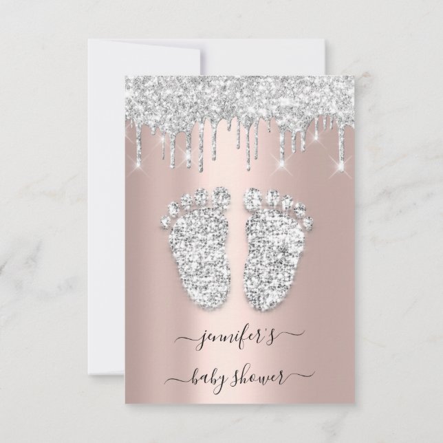 Silver Drips Grey Rose Baby Girl Shower Feet Invitation (Back)