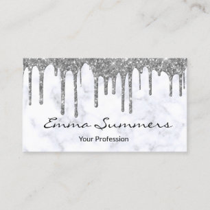 Silver Drips Marble Customise Glitter Business Card