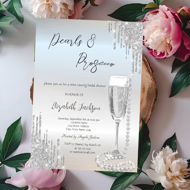 Silver Drips Pearls Prosecco Bridal Shower  Invitation (Creator Uploaded)