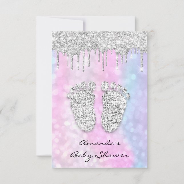 Silver Drips Pink Blue Baby Girl Shower Feet Invitation (Back)