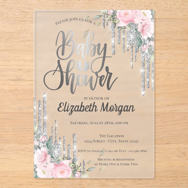 Silver Drips Rose Gold Floral Baby Shower Acrylic Invitations (Front)