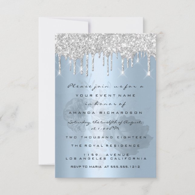 Silver  Drips Roses Smoky Blue Bridal Sweet 16th Invitation (Front)