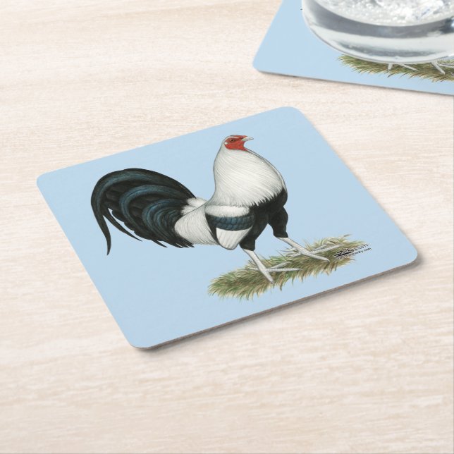 Silver Duckwing Gamecock Square Paper Coaster (Angled)