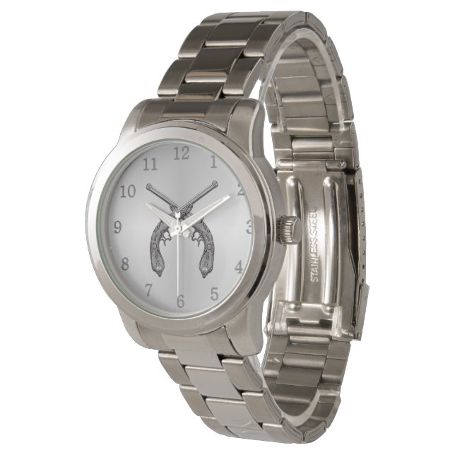 Silver Duelling Pistols Silver Numbers Watch (Angled)