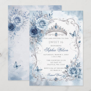 Silver Dusty Blue Floral Butterfly Sweet 16 Invitation
