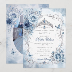 Silver Dusty Blue Floral Butterfly Sweet 16 Photo Invitation