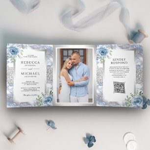 Silver Dusty Blue Floral Marble QR Code Wedding Tri-Fold Invitation