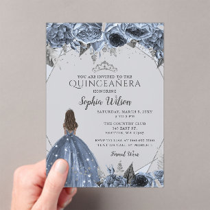 Silver Dusty Blue Floral Princess Quinceañera Acrylic Invitations