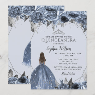 Silver Dusty Blue Floral Princess Quinceañera  Invitation