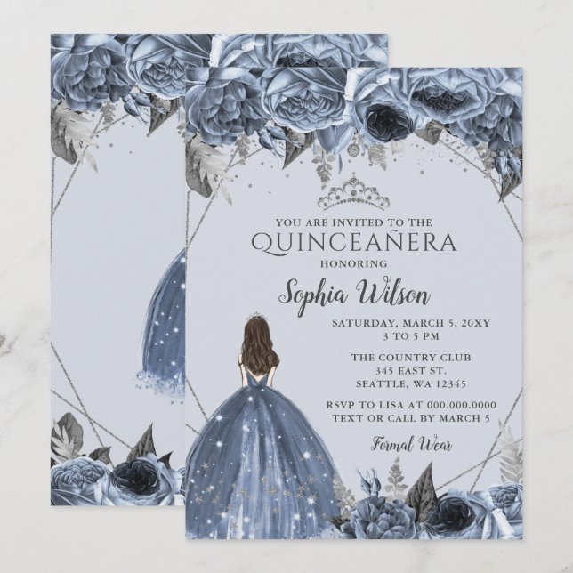 Silver Dusty Blue Floral Princess Quinceañera  Invitation (Front/Back)