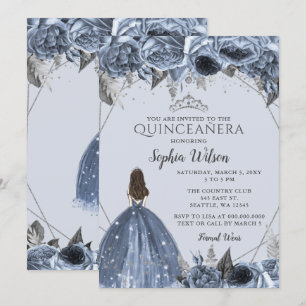 Silver Dusty Blue Floral Princess Quinceañera  Invitation