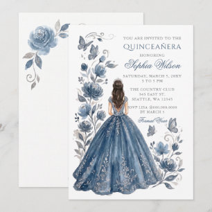 Silver Dusty Blue Floral Princess Quinceañera Invitation
