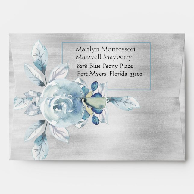 Silver Dusty Blue Peony Wedding 5 x 7 " Invitation Envelope (Back (Top Flap))