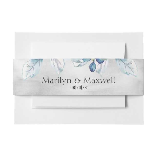 Silver Dusty Blue Peony Wedding  Invitation Belly Band (Front Example)