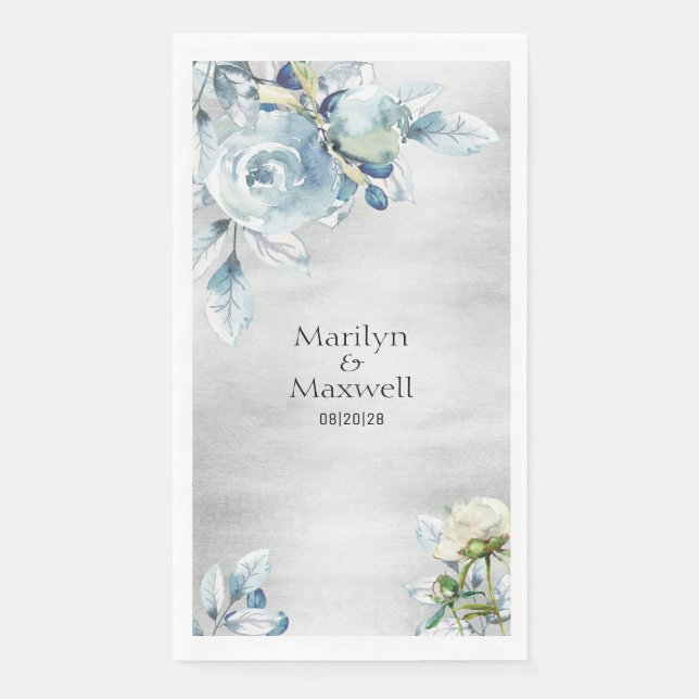 Silver Dusty Blue Peony Wedding Long Dinner Napkin (Front)