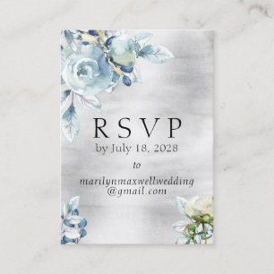 Silver Dusty Blue Peony Wedding Online RSVP Detail Business Card