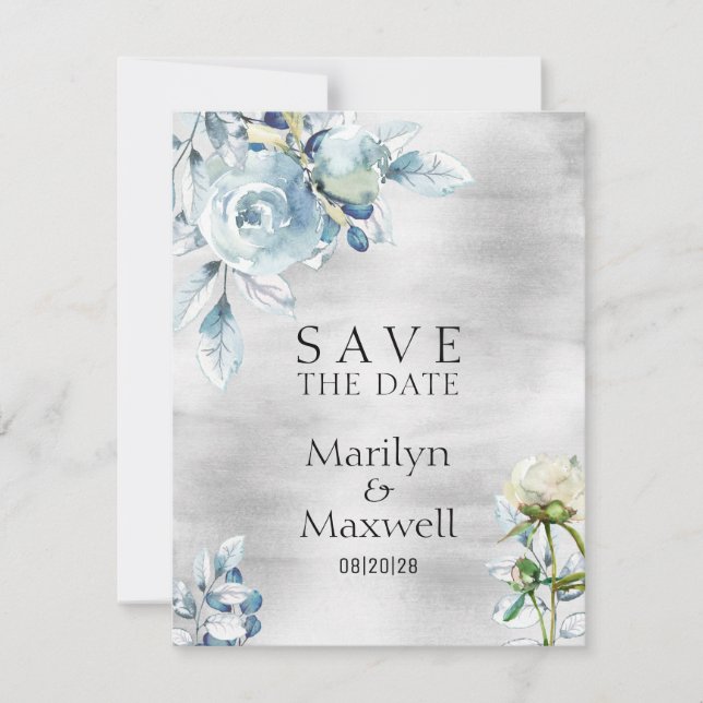 Silver Dusty Blue Peony Wedding Save The Date Announcement (Front)