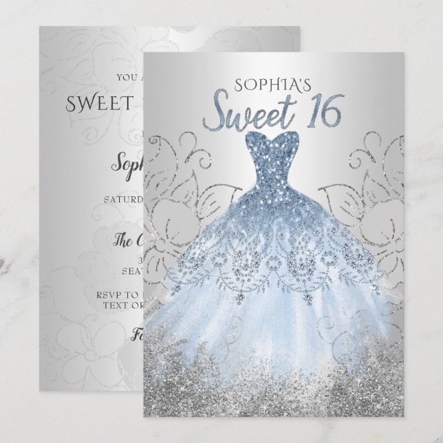 Silver Dusty Blue Sparkle Dress Sweet 16 birthday Invitation (Front/Back)