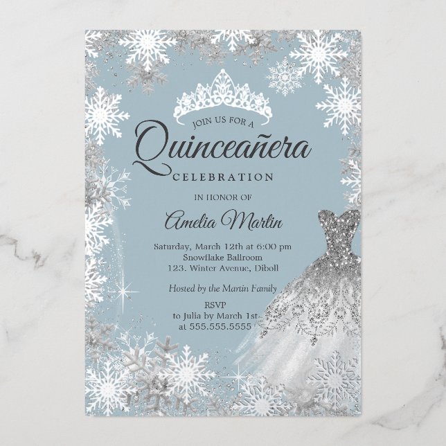 Silver Dusty Blue Winter Snowflake Quinceanera (Front)