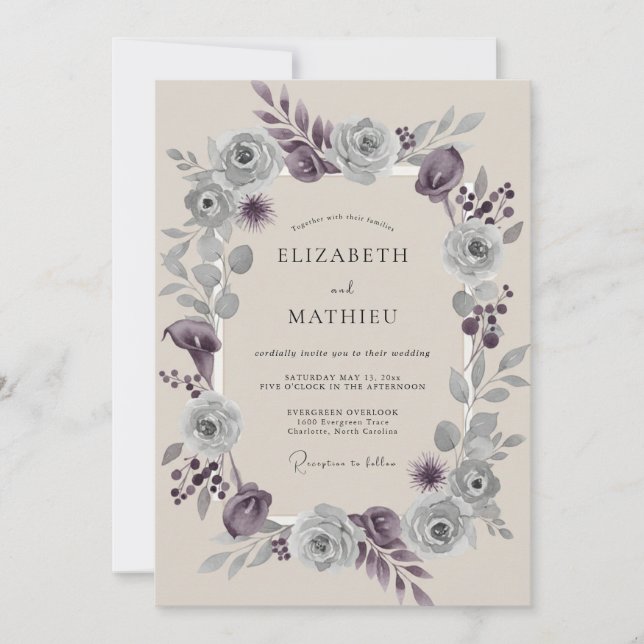 Silver Dusty Lilac Wreath Wedding Invitation (Front)