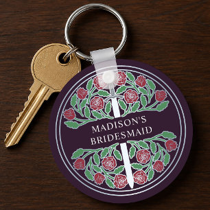 Silver Eggplant Floral Bridesmaid Royal Wedding Key Ring